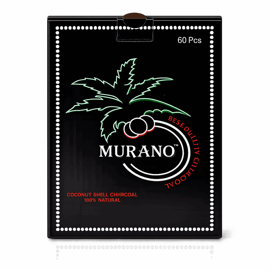 Packaging of Murano coconut shell charcoal with brand logo on a white background
