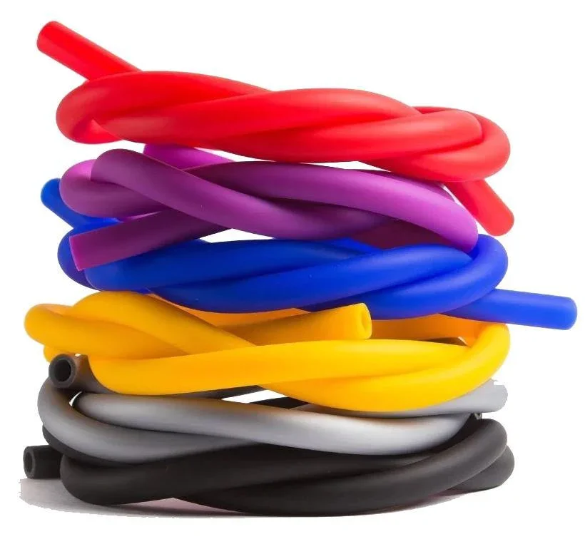 Silicone shisha hoses in red, purple, blue, yellow, silver, and black.