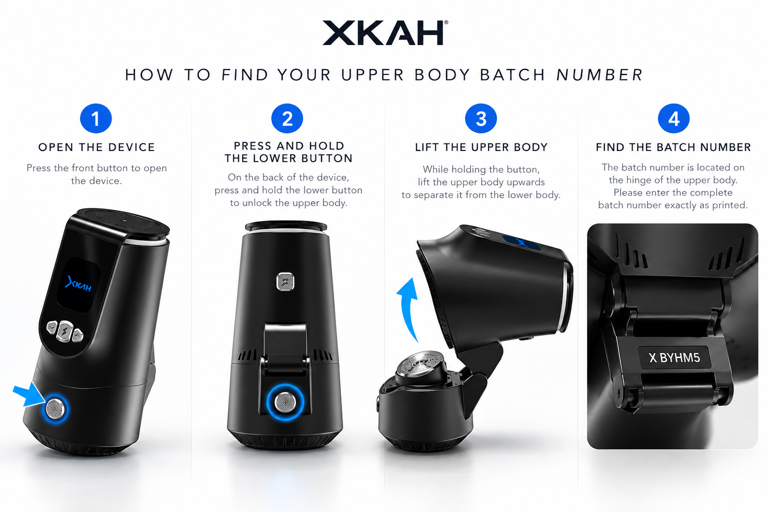 XKAH guide showing how to open the device, press the rear release button, remove the upper body and locate the batch number on the hinge.